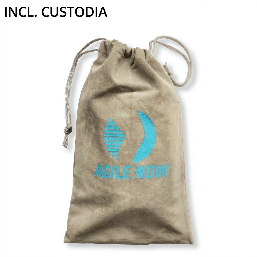 Custodia beige con coulisse. Logo blu: AGILE NOW.
