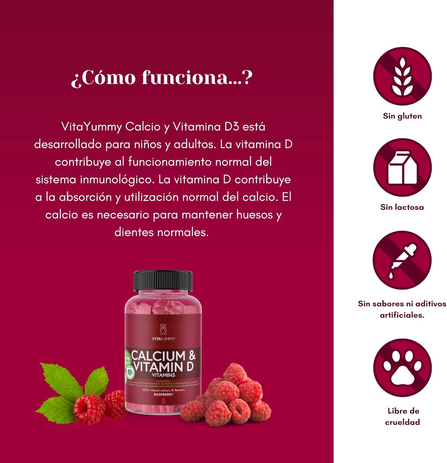 Orsetti gommosi rossi in un flacone. Scritta: Calcium & Vitamina D. Senza glutine, senza lattosio, senza aromi artificiali, cruelty-free.