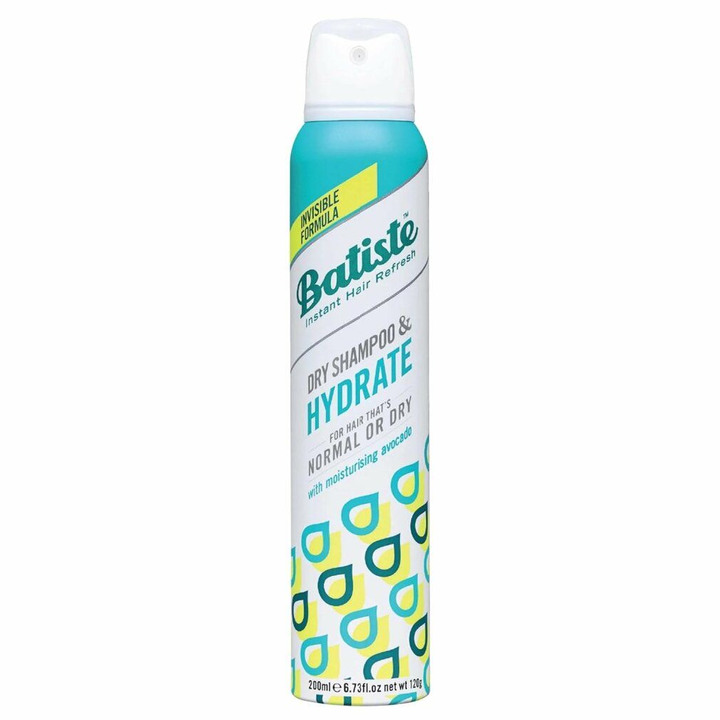 Batiste shampoo secco. Confezione cilindrica blu e gialla. Testo: Dry Shampoo & Hydrate. Per capelli normali o secchi.
