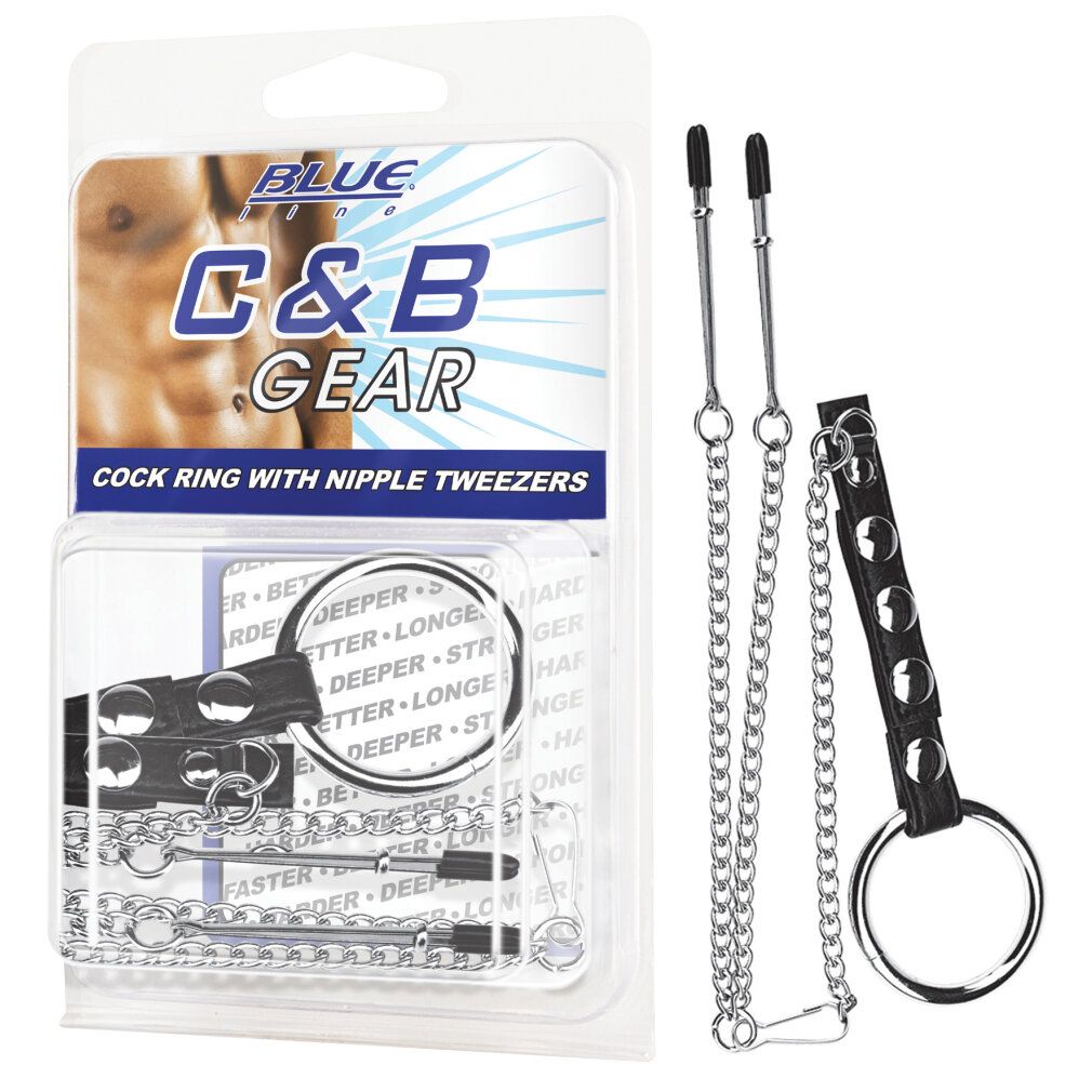 Confezione con pinze per capezzoli, catene e un anello per pene in pelle nera.