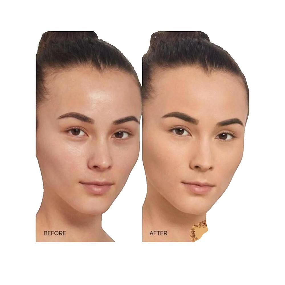 Confronto prima-dopo. Viso di una donna senza e con trucco. Cipria applicata. Testo: BEFORE, AFTER.