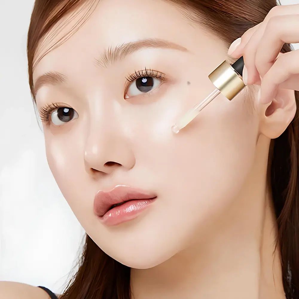 Donna applica siero. Pipetta oro e nera. Liquido trasparente. Pelle chiara.