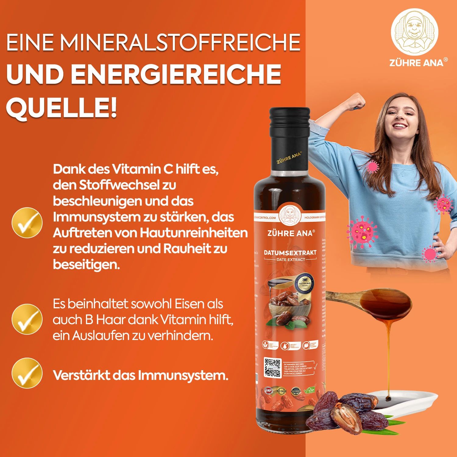 Bottiglia di estratto di datteri Zühre Ana, donna con braccia alzate. Testo su minerali, energia, sistema immunitario e salute della pelle.