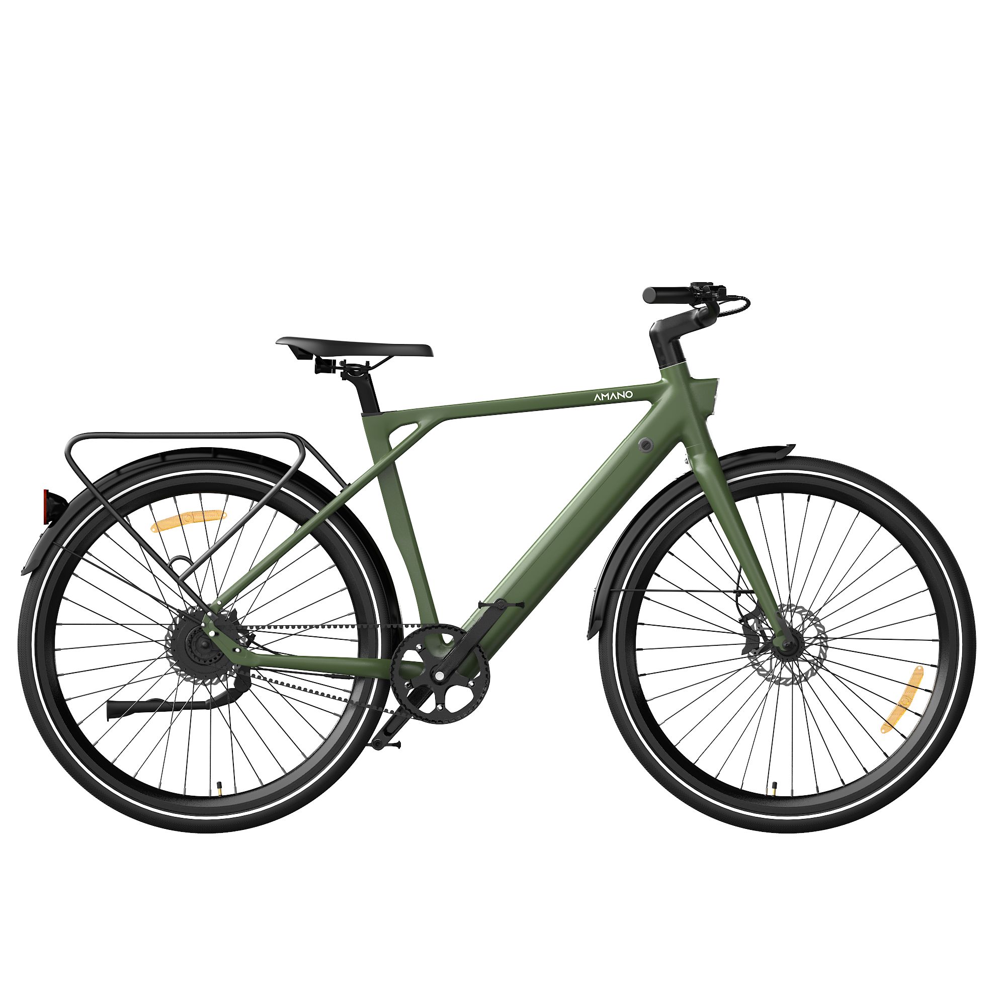 E-bike verde con telaio nero, portapacchi e pneumatici. Marchio AMANO.