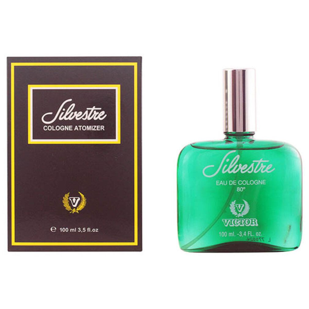 Flacone in vetro verde e scatola. Scritta Silvestre Eau de Cologne 80°. Scatola marrone con cornice gialla e logo.
