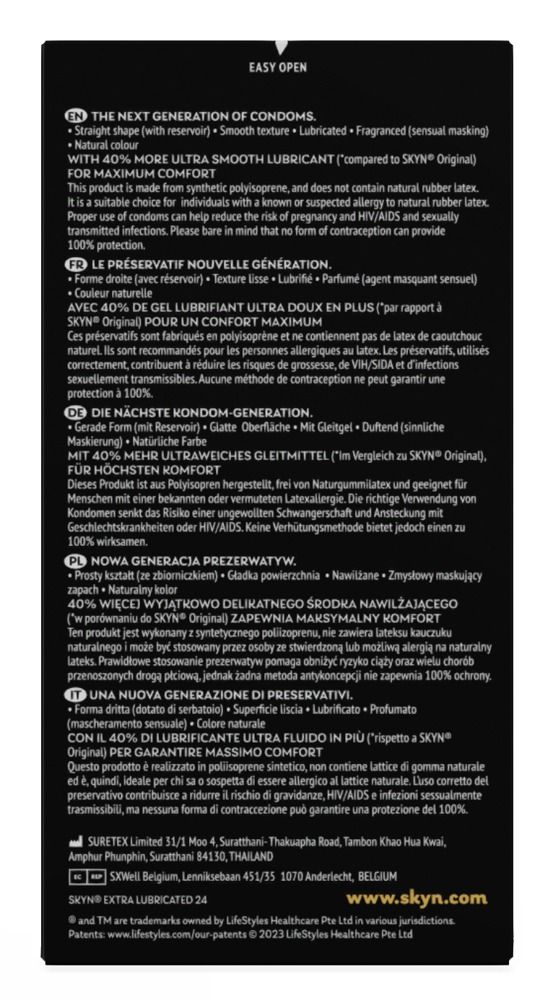 Retro scatola nera. Testo: La prossima generazione di preservativi. 40% più lubrificante. Superficie liscia. Informazioni.