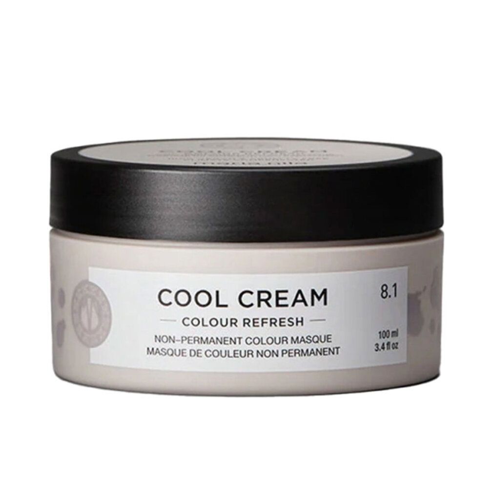 Maschera crema beige con coperchio nero. Scritta: COOL CREAM, COLOUR REFRESH, 8.1, MASQUE DE COULEUR NON PERMANENT. 100 ml.