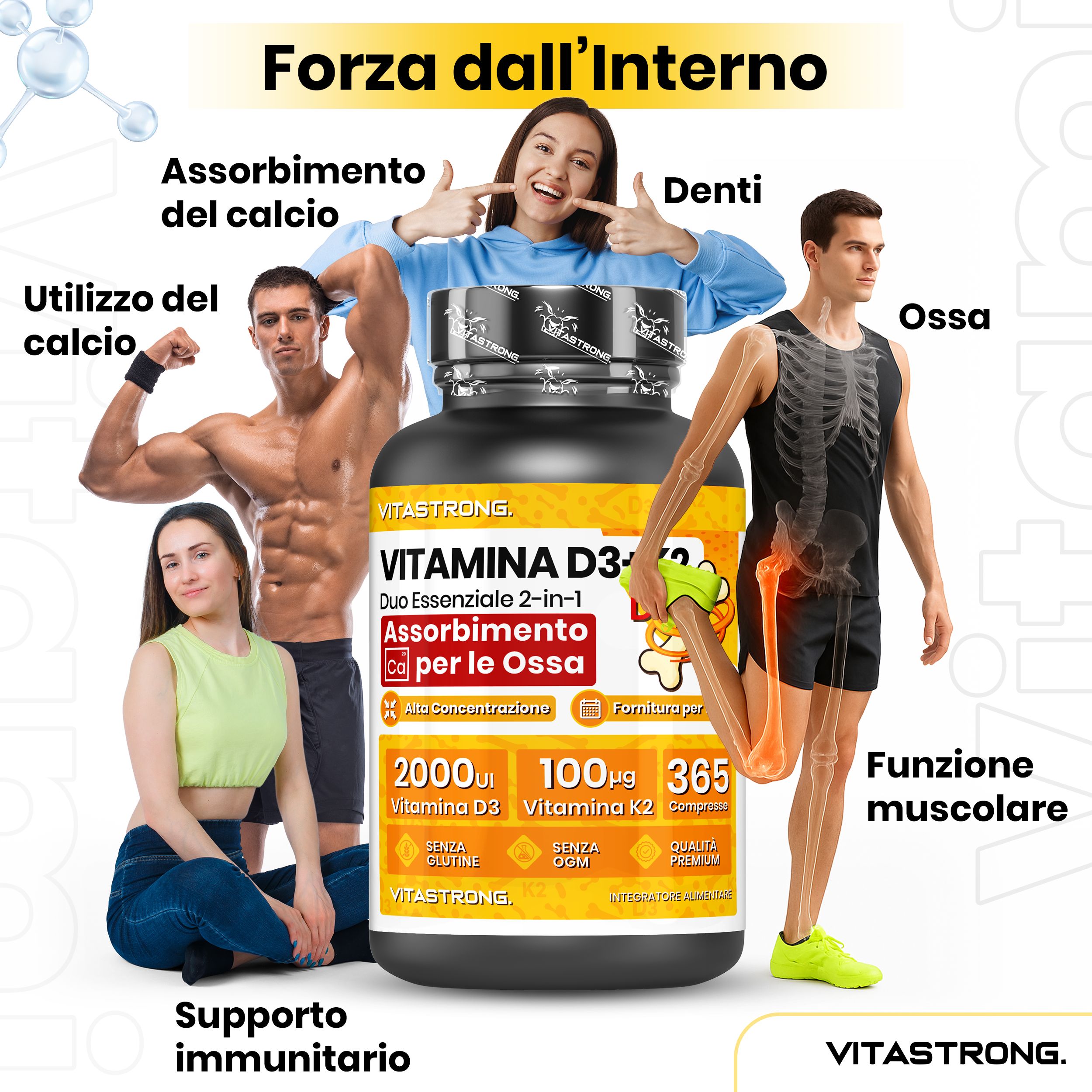 Sfondo giallo con persone e flacone Vitastrong Vitamina D3 + K2. Testo: Ossa, denti, sistema immunitario, funzione muscolare.