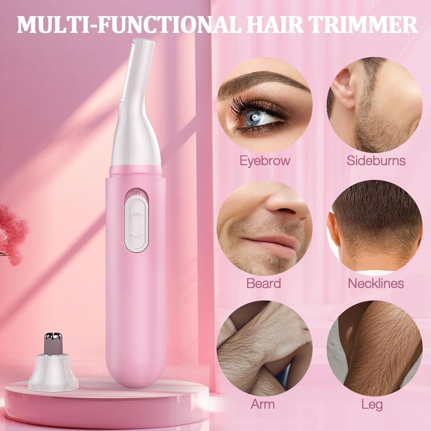Trimmer per capelli multifunzione rosa. Accessori per sopracciglia, barba, basette, nuca e peli del corpo.
