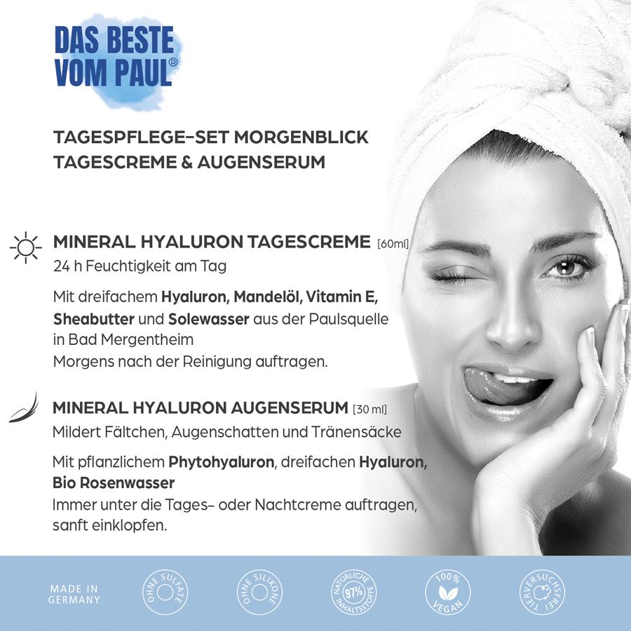 Foto pubblicitaria con donna e informazioni sul prodotto. Testo: Set di cura giorno Morgenblick, Crema giorno Mineral Hyaluron, Siero occhi Mineral Hyaluron.