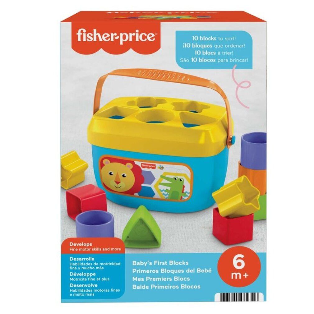Confezione dei Primi blocchi per bambini Fisher-Price. Secchio con blocchi e tavola di smistamento.