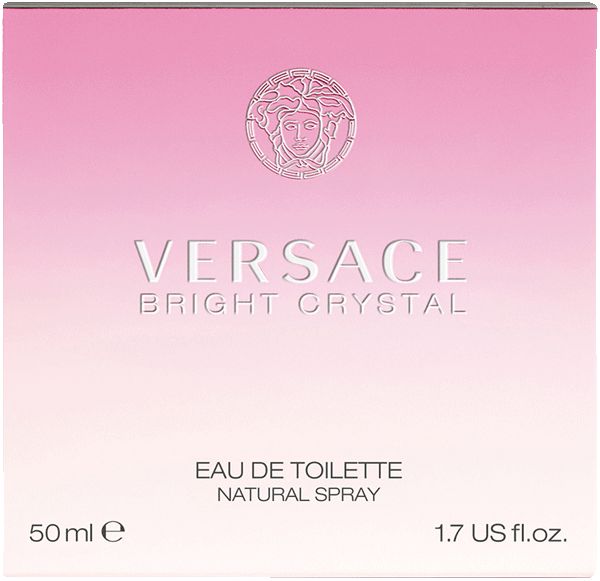 Confezione rosa dello spray Eau de Toilette Versace Bright Crystal. Testo: Versace, Bright Crystal, Eau de Toilette, Natural Spray.