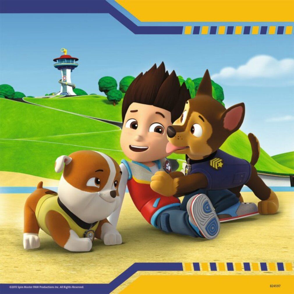 Illustrazione di tre personaggi di Paw Patrol. Un cucciolo marrone, un cucciolo giallo e un cucciolo marrone con uniforme blu.
