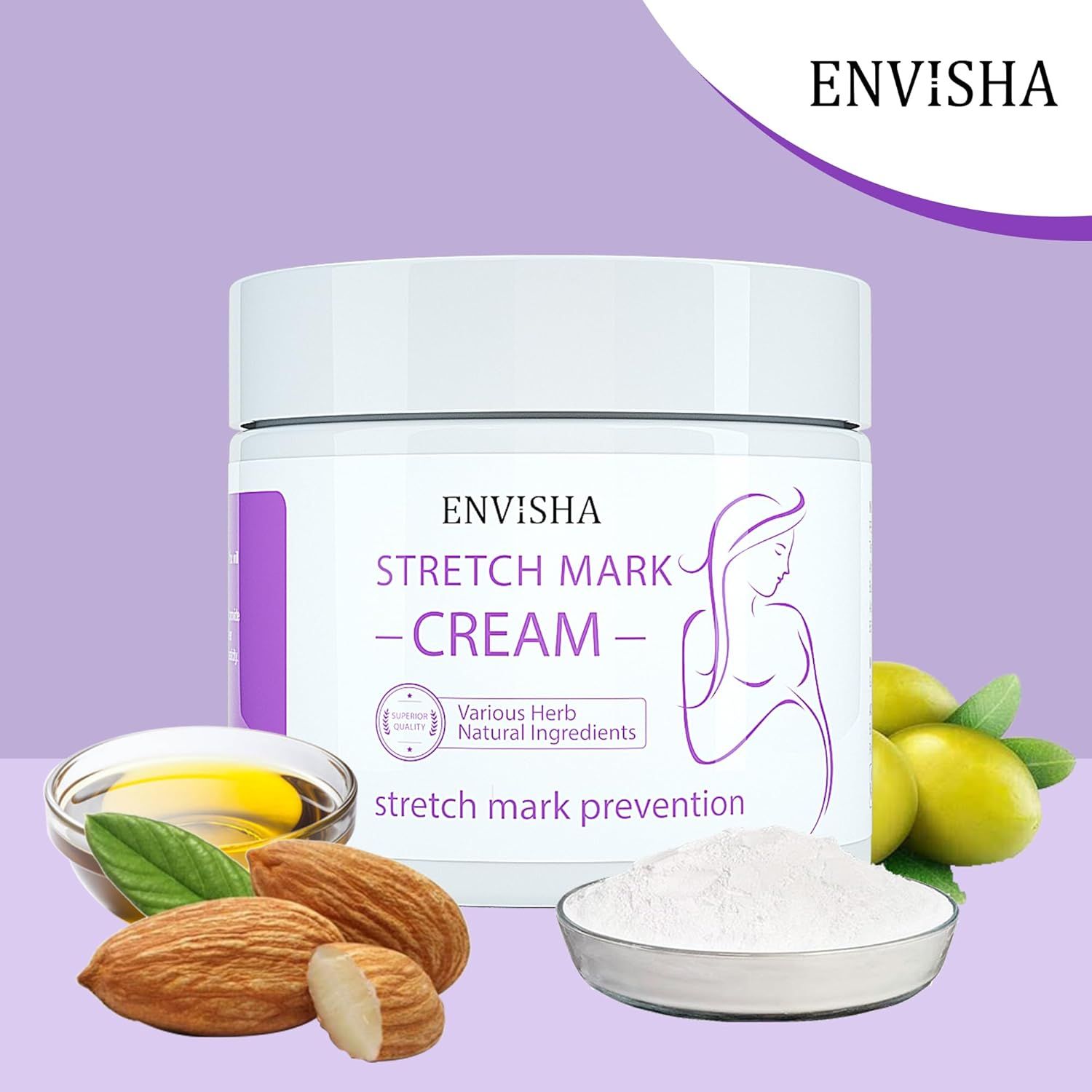 Vasetto di crema ENVISHA, ingredienti: mandorle, olio, polvere. Testo: ENVISHA, crema smagliature, ingredienti naturali.