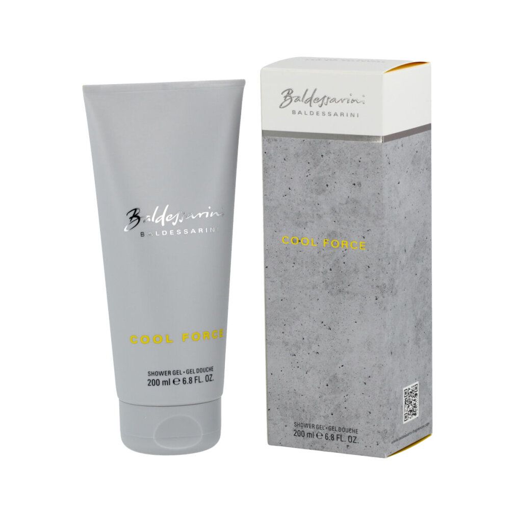 Tubo grigio e confezione. Scritta Baldessarini e Cool Force. Testo: Shower Gel, 200 ml.