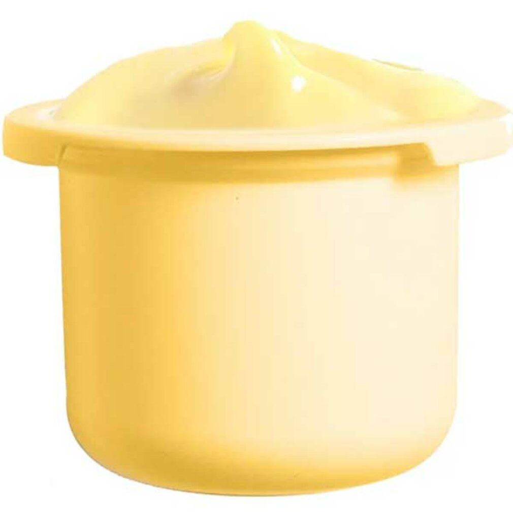 Crema giallastra in un piccolo contenitore rotondo. Il contenitore ha un bordo largo. La crema è bombata.