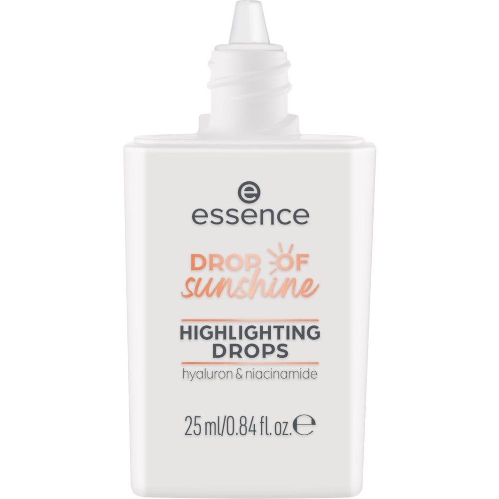 Flacone bianco con dosatore. Scritta: essence, Drop of Sunshine, Highlighting Drops, Hyaluron & Niacinamide. 25 ml/0.84 fl. oz. e.