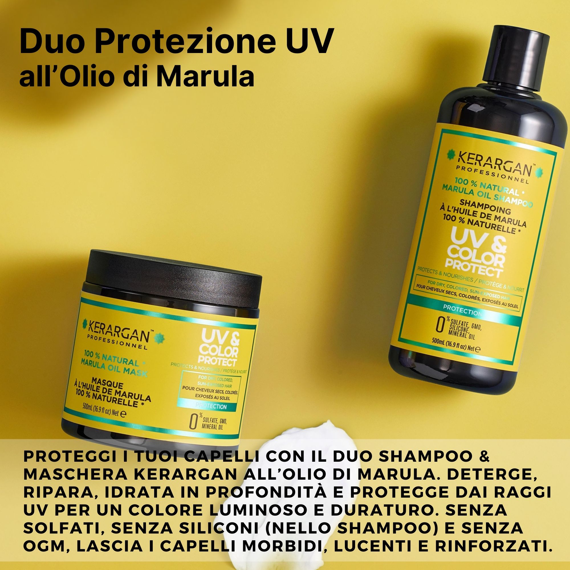 Due prodotti Kerargan: shampoo e maschera. Sfondo giallo. UV & Color Protect. Testo: Duo protezione all'olio di Marula.