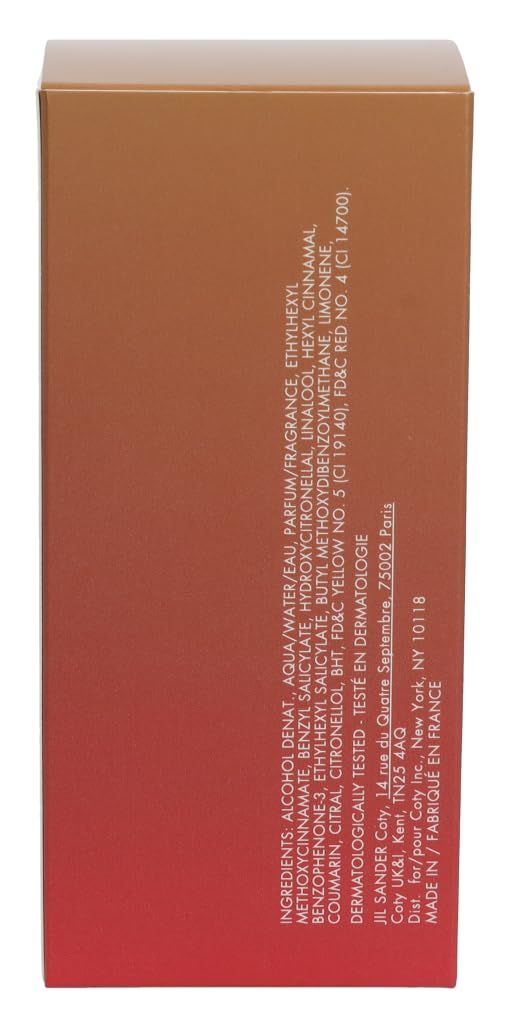 Retro della scatola con ingredienti e informazioni del produttore. Sfumatura da chiaro a rosso scuro.