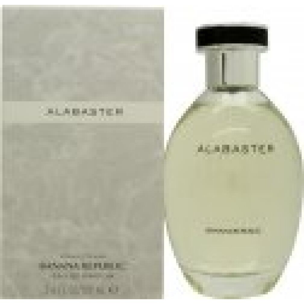 Flacone di profumo e confezione. Flacone con tappo nero. Scritta "ALABASTER" e "Banana Republic".