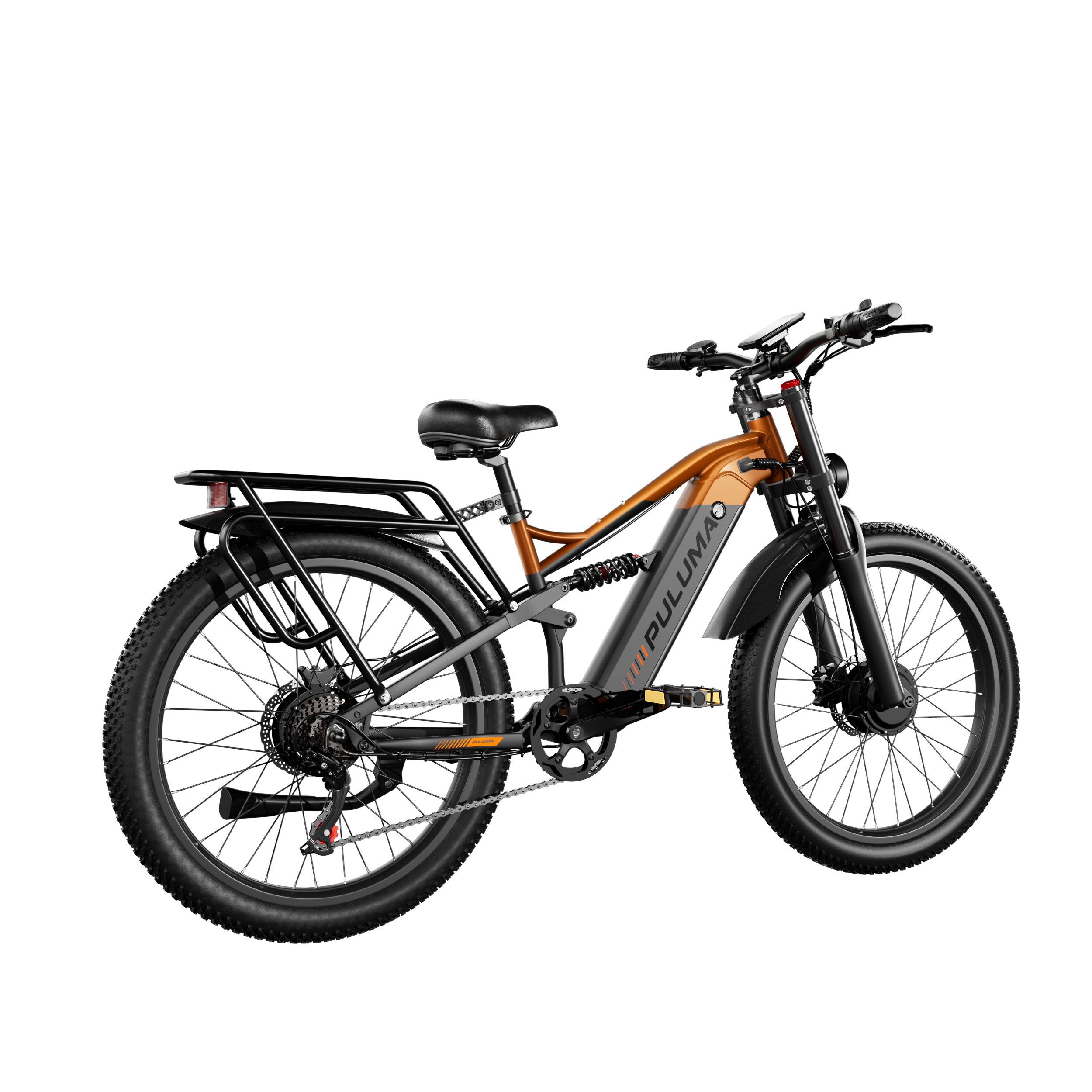 E-bike PULUMA PE86 Pro con doppio motore. Telaio arancione, pneumatici neri e portapacchi. Vista laterale.