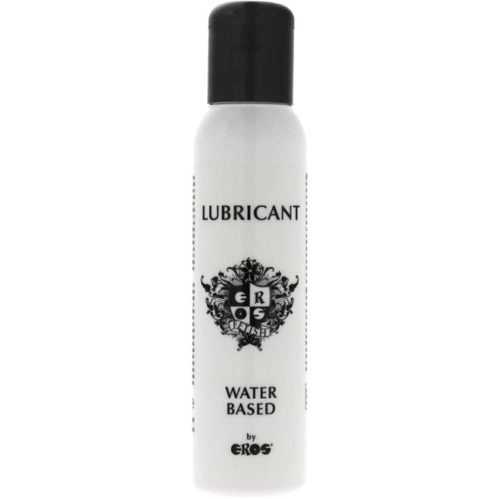 Flacone bianco con tappo nero. Scritta: LUBRICANT, WATER BASED, by EROS. Logo.