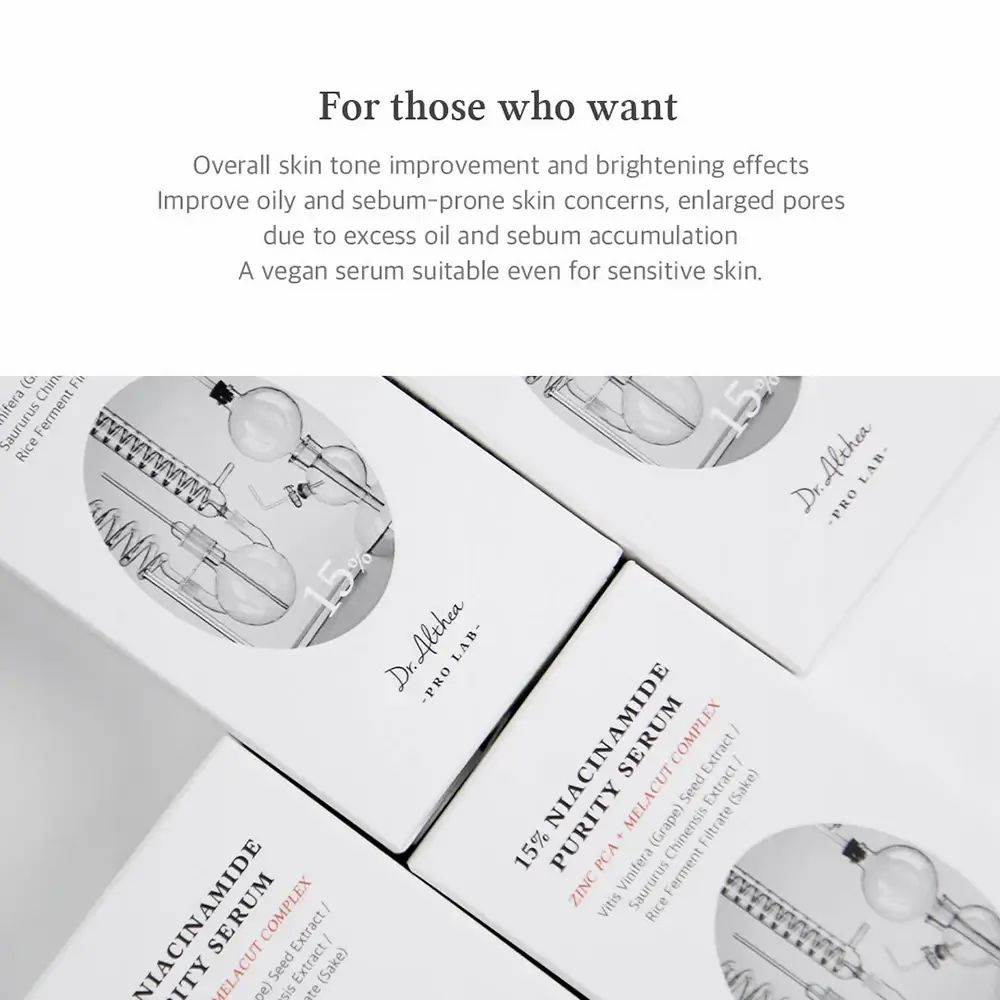 Diverse scatole del prodotto "Dr. Althea 15% Niacinamide Purity Serum" in prospettiva obliqua.