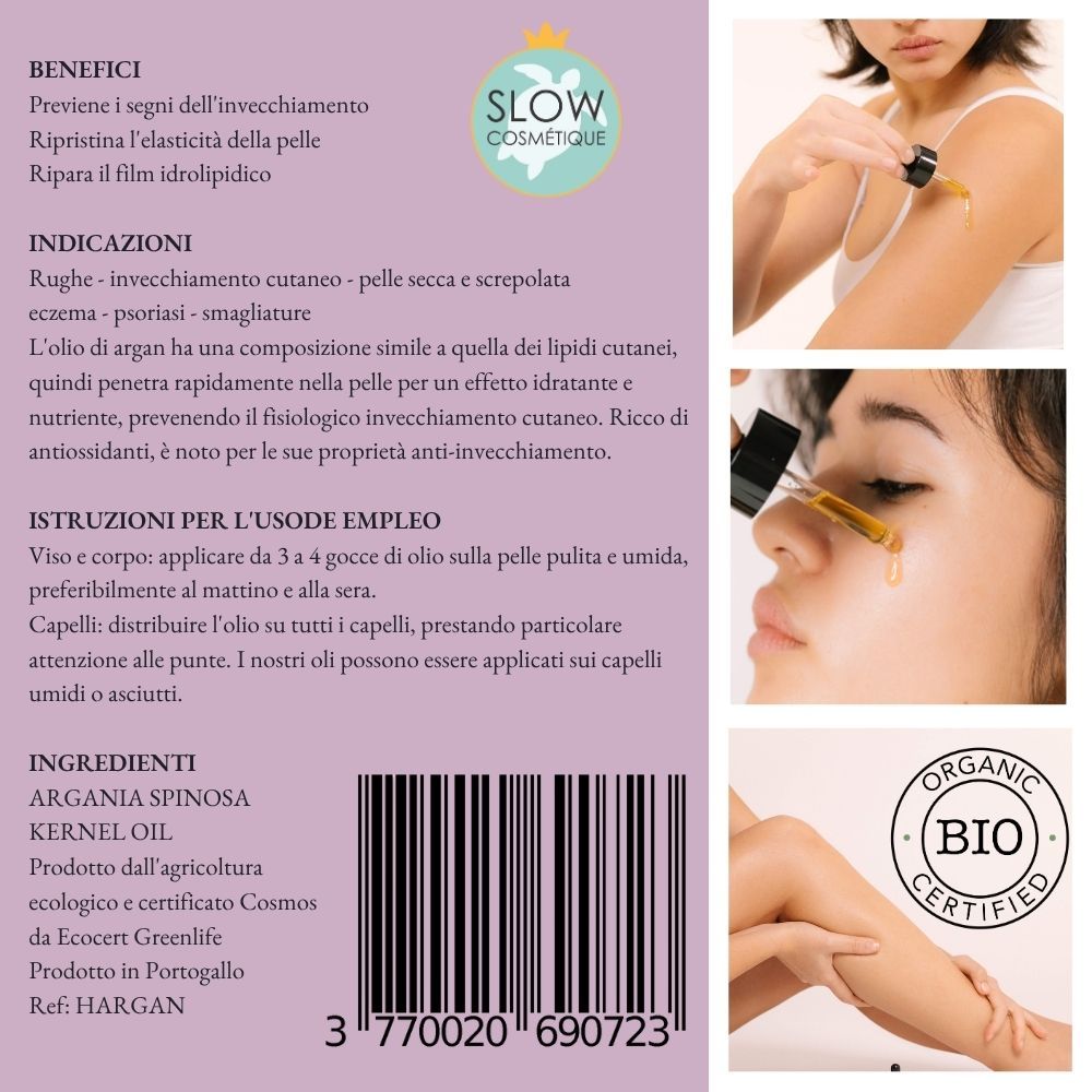 Pannello pubblicitario con testo: SOWÉ, Olio di argan biologico, Benefici, Indicazioni, Istruzioni per l'uso, Ingredienti. Certificazione bio. Foto di pelle.