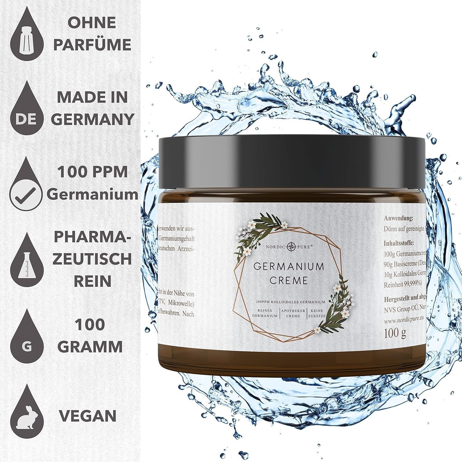 Barattolo di crema con coperchio nero, circondato dall'acqua. Etichetta con testo: Germanium Creme, 100 g. Icone e testo aggiuntivi.