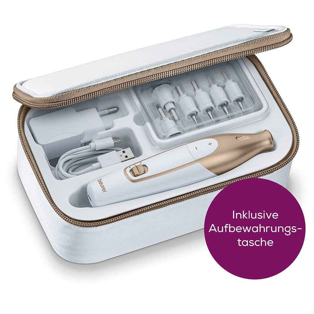 Dispositivo per la cura delle unghie bianco e oro con accessori in una custodia bianca. Testo: Compresa la custodia.