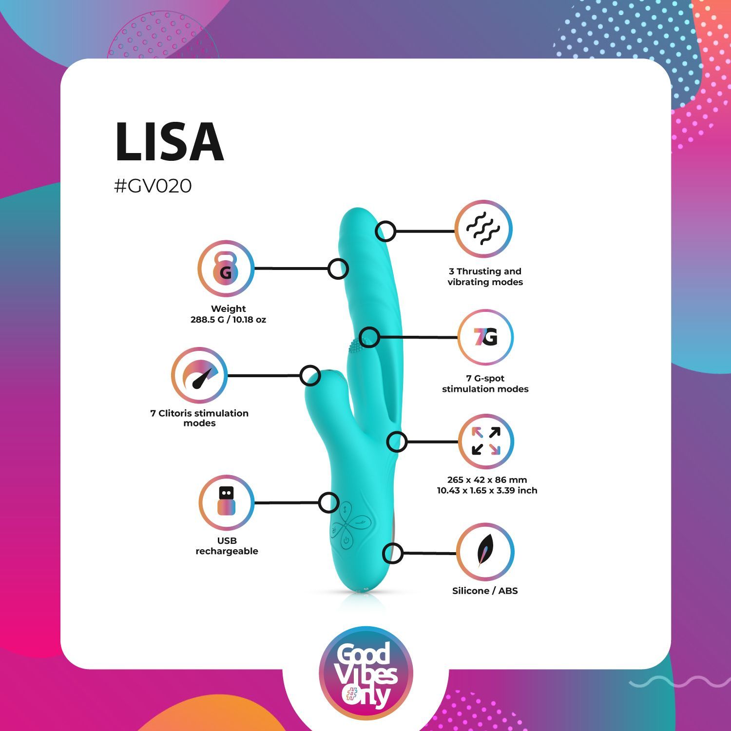 Infografica con informazioni sul prodotto. Vibratore turchese con dettagli tecnici. Testo: Lisa, peso, modalità, materiale.