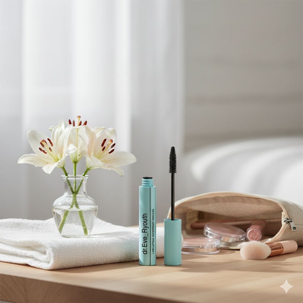 Flacone e scovolino mascara accanto a un vaso di gigli e un beauty case.