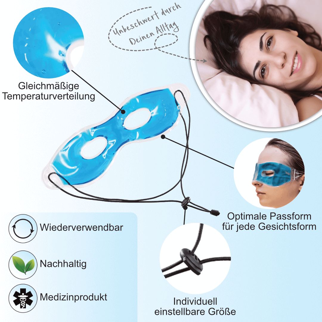Maschera per occhi blu con cordino regolabile. Riutilizzabile, sostenibile, dispositivo medico. Vestibilità ottimale.
