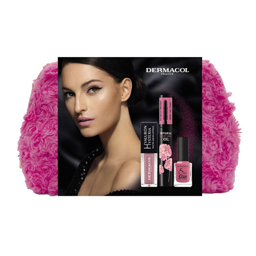 Set regalo con prodotti cosmetici. Contiene mascara, smalto per unghie e prodotto per labbra. Confezionato in una custodia rosa e soffice.
