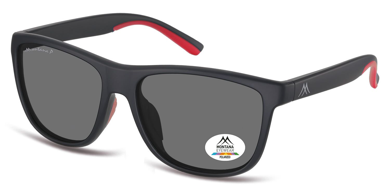 Occhiali da sole neri con lenti grigie. Dettagli rossi sulle aste. Logo Montana Eyewear. Polarizzati.