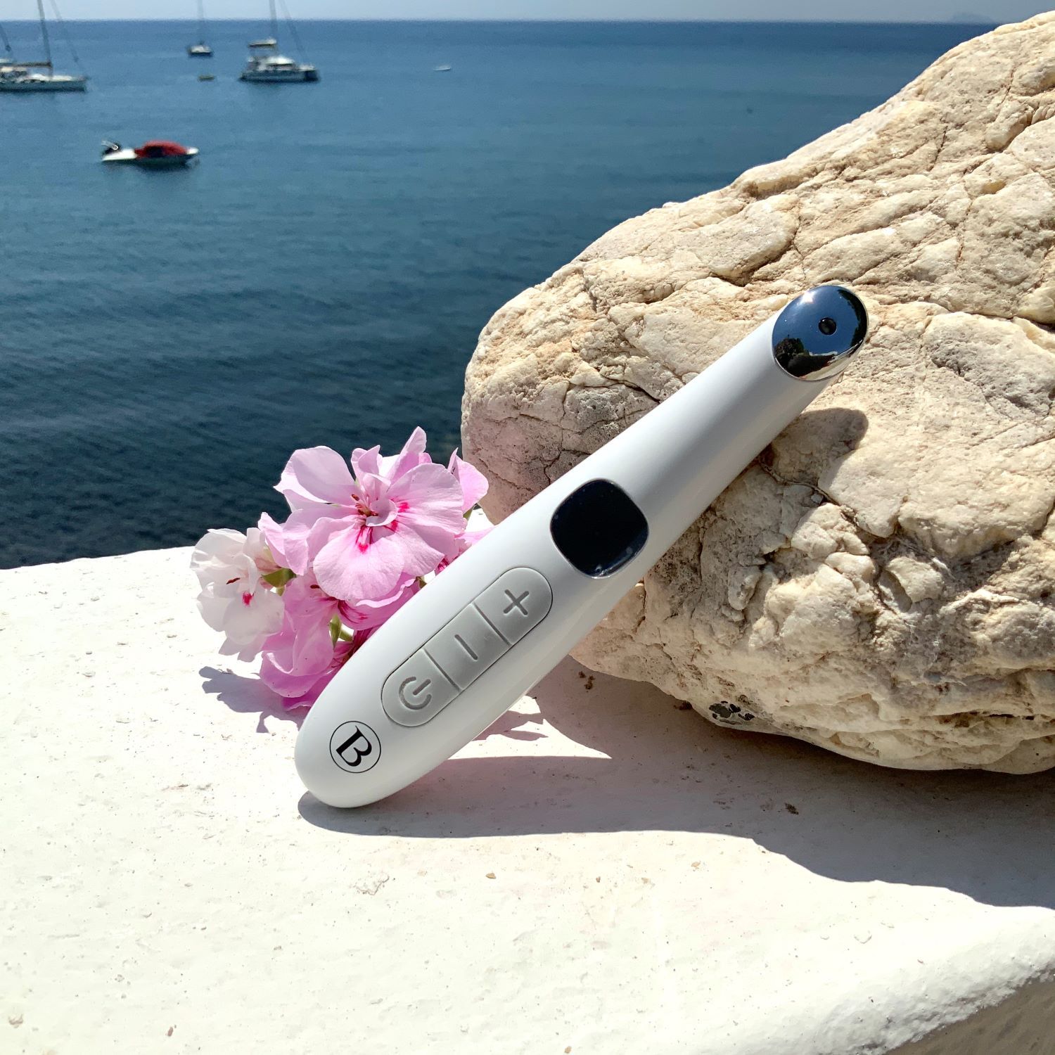 Dispositivo bianco con display, pulsanti e punta rossa. Davanti al mare e rocce. Fiori rosa.