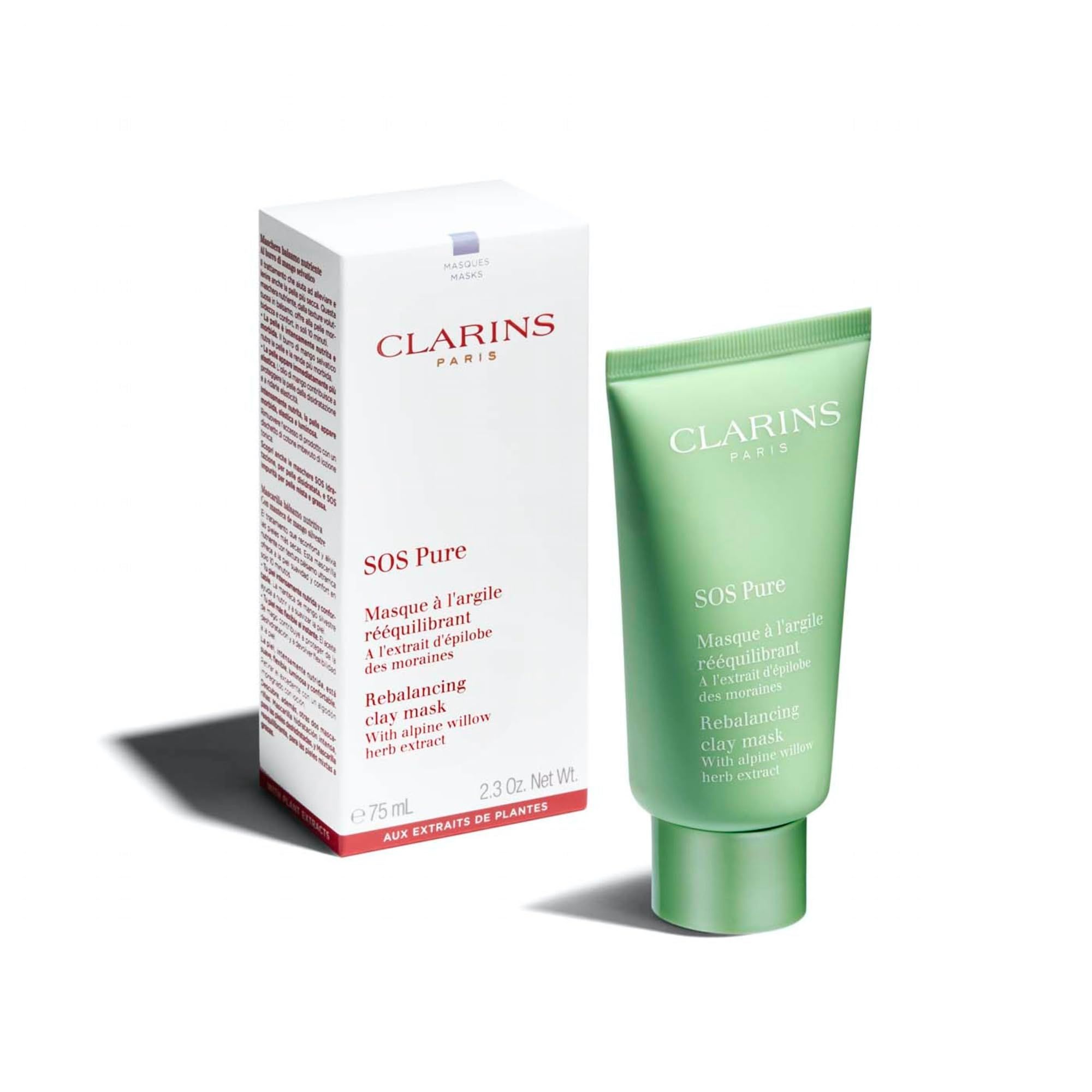 Tubo verde e confezione. Marchio Clarins. Maschera SOS Pure. Testo in francese e inglese. Confezione bianca.