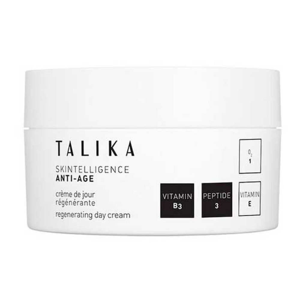 Vaso bianco con scritta nera TALIKA, SKINTELLIGENCE ANTI-AGE. Contiene vitamina B3, Peptide 3 e vitamina E.