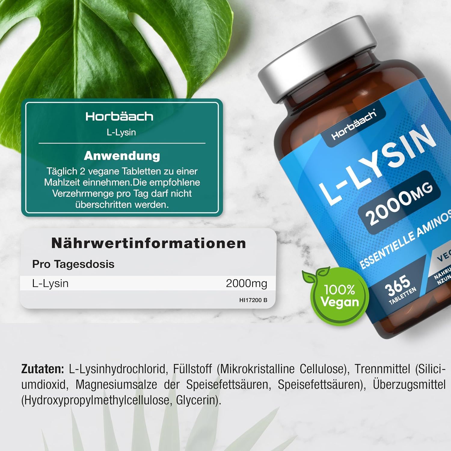 Flacone marrone con etichetta blu. L-Lisina 2000mg, 365 compresse. Vegano. Aminoacido. Horbaach.