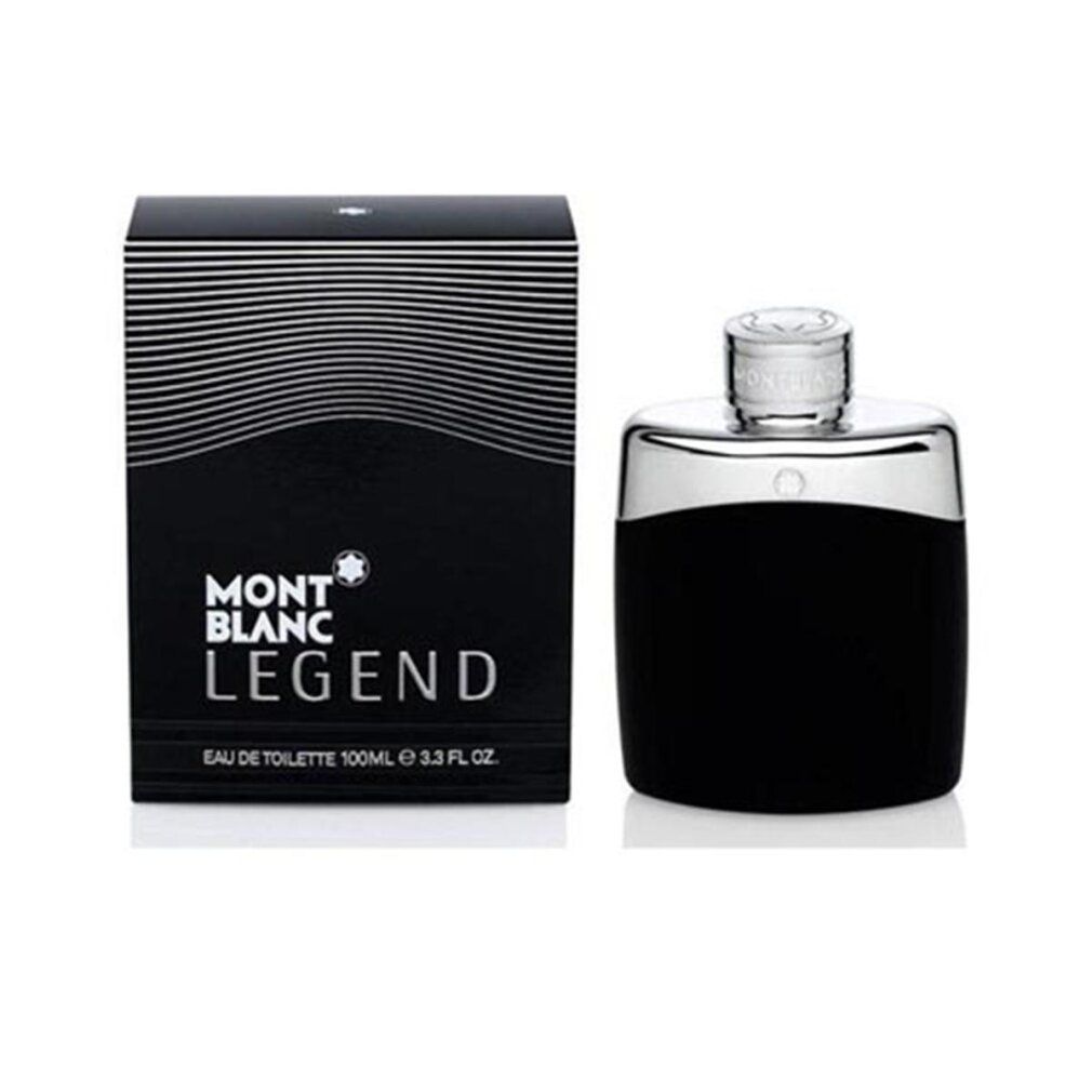 Flacone nero e confezione. Scritta: MONTBLANC LEGEND. Eau de Toilette. Flacone con tappo argentato.
