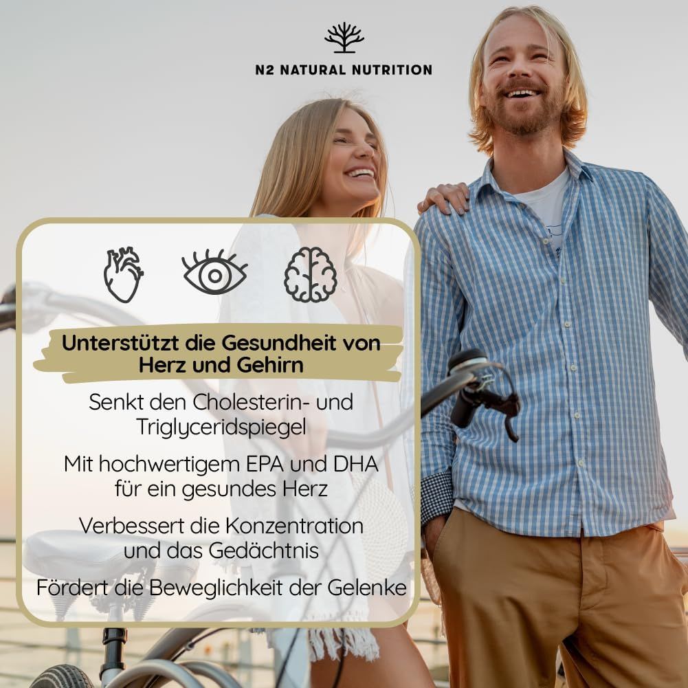 Coppia in bicicletta. Testo sul supporto di cuore e cervello. Riduce il colesterolo. EPA e DHA.