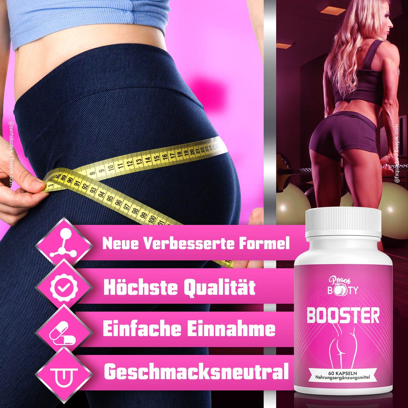 Flacone di capsule Peach Booty Booster. Nuova formula migliorata, alta qualità, facile da assumere.