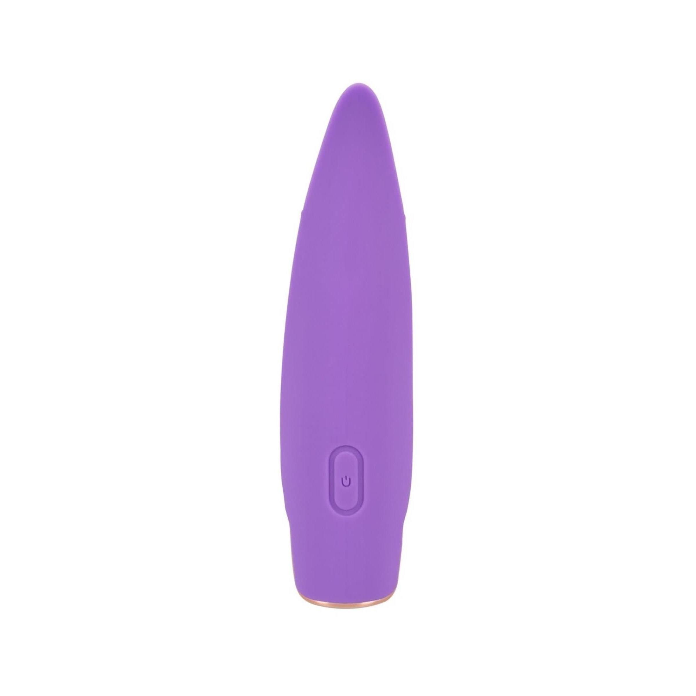 Stimolatore viola con dettagli dorati. A forma di goccia con un pulsante. Base dorata.