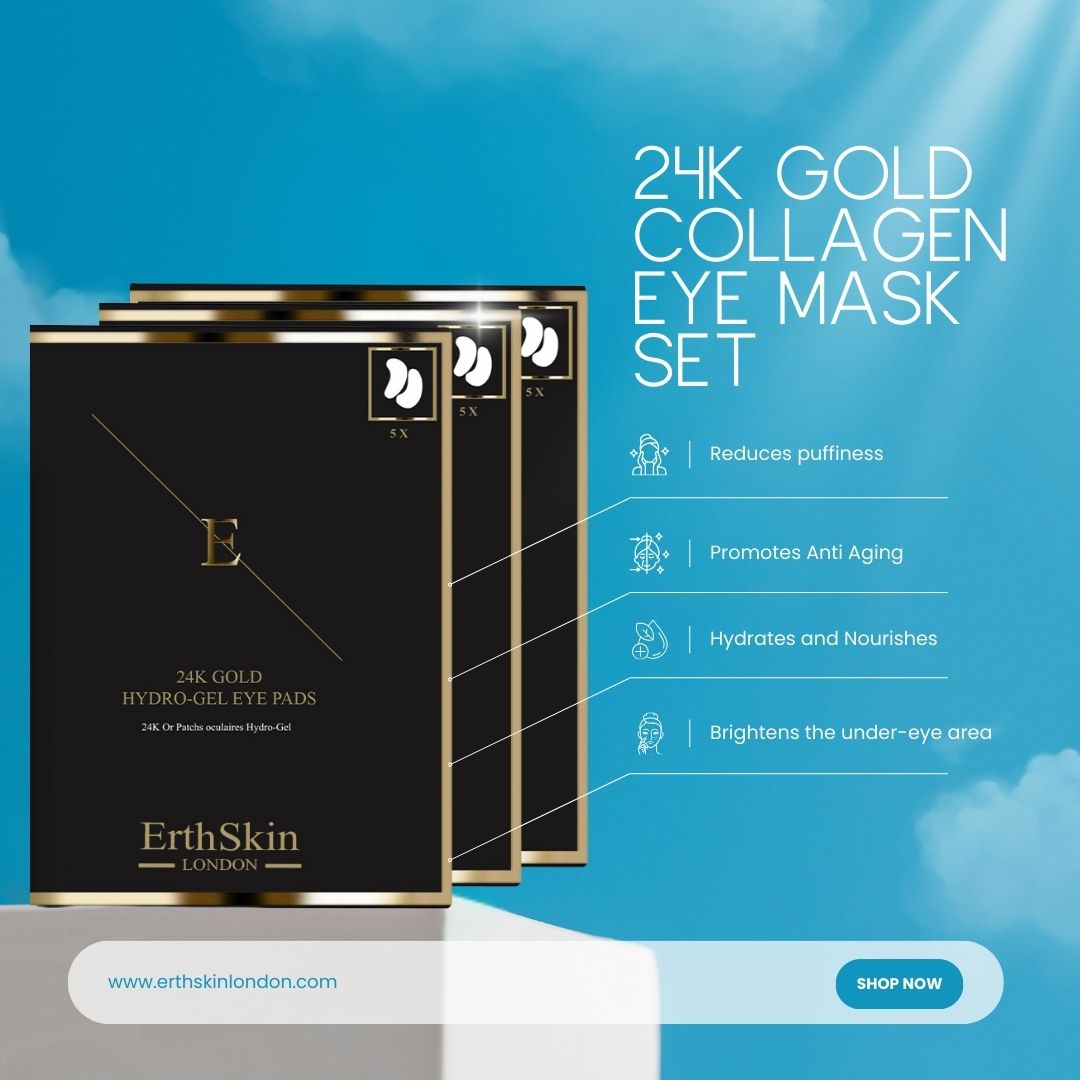 Tre scatole nere con bordo dorato. Sulle scatole è scritto "24K GOLD COLLAGEN EYE MASK SET" e "ErthSkin London".