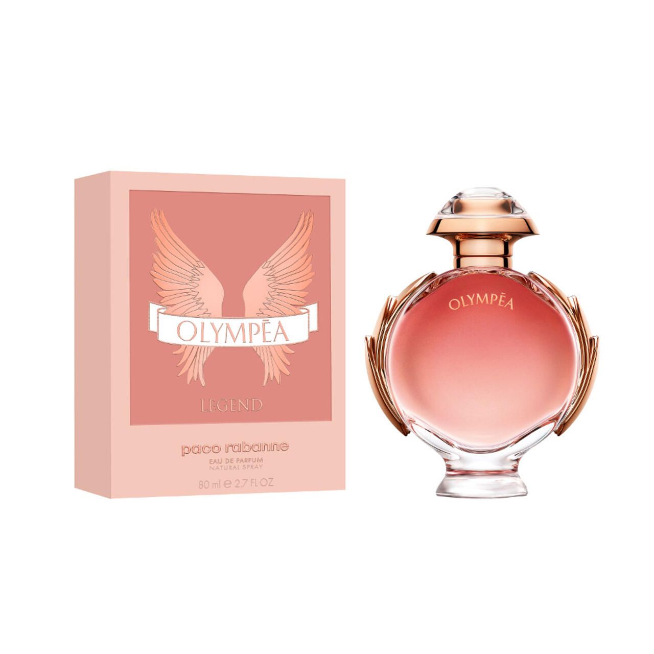 Olympéa Legend E.d.P. Nat. Spray di Paco Rabanne. Flacone e confezione. Sfumatura rosa, dettagli dorati.