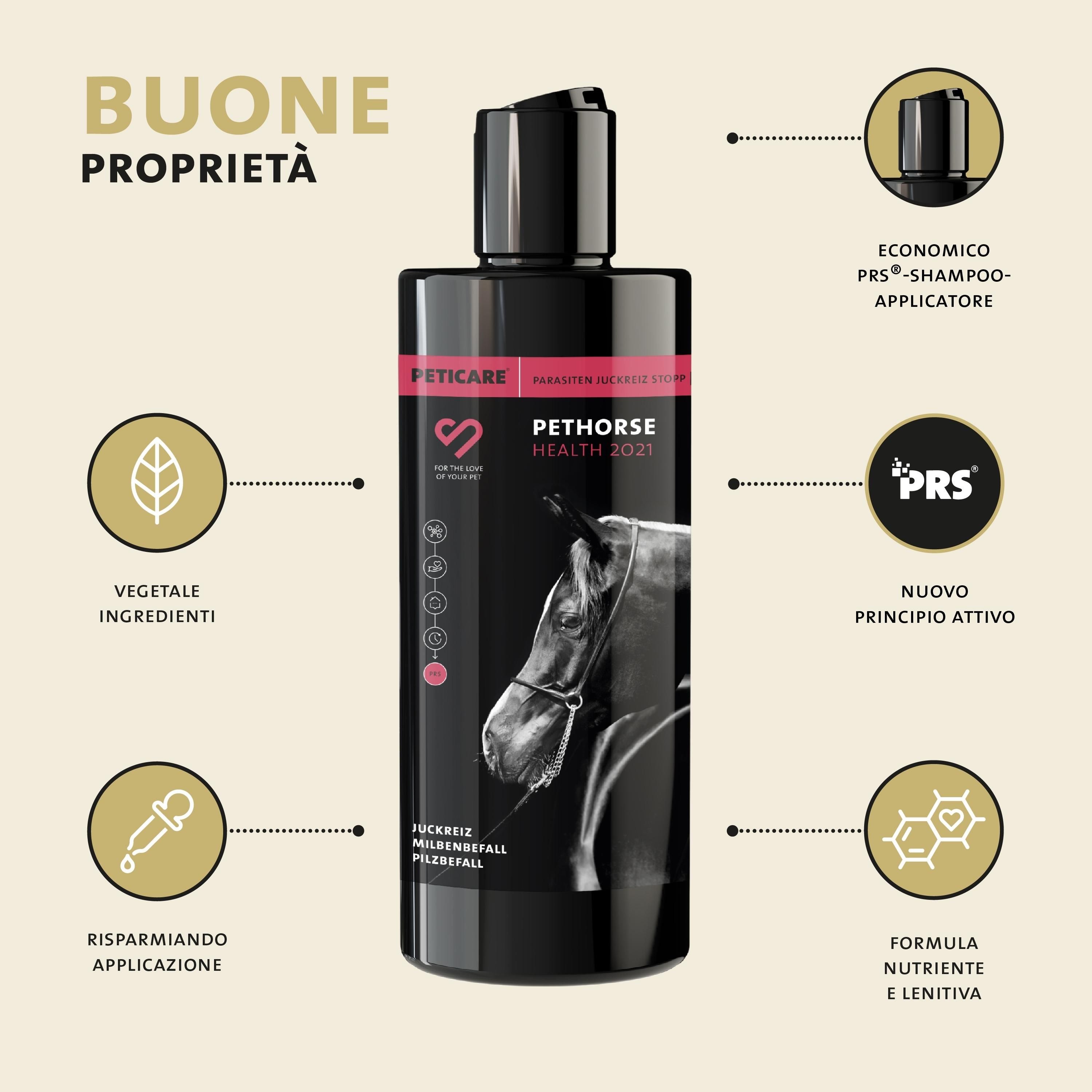 Flacone di shampoo Peticare Pethorse Health 2021. Flacone nero con scritte rosse e bianche. Illustrazione di una testa di cavallo.