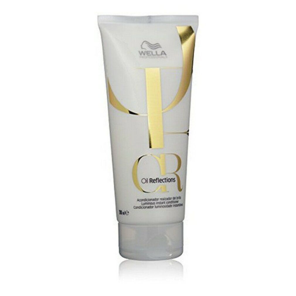 Tubo bianco con scritta dorata. Scritta: Wella Oil Reflections Luminous Instant Conditioner. Confezione del prodotto.