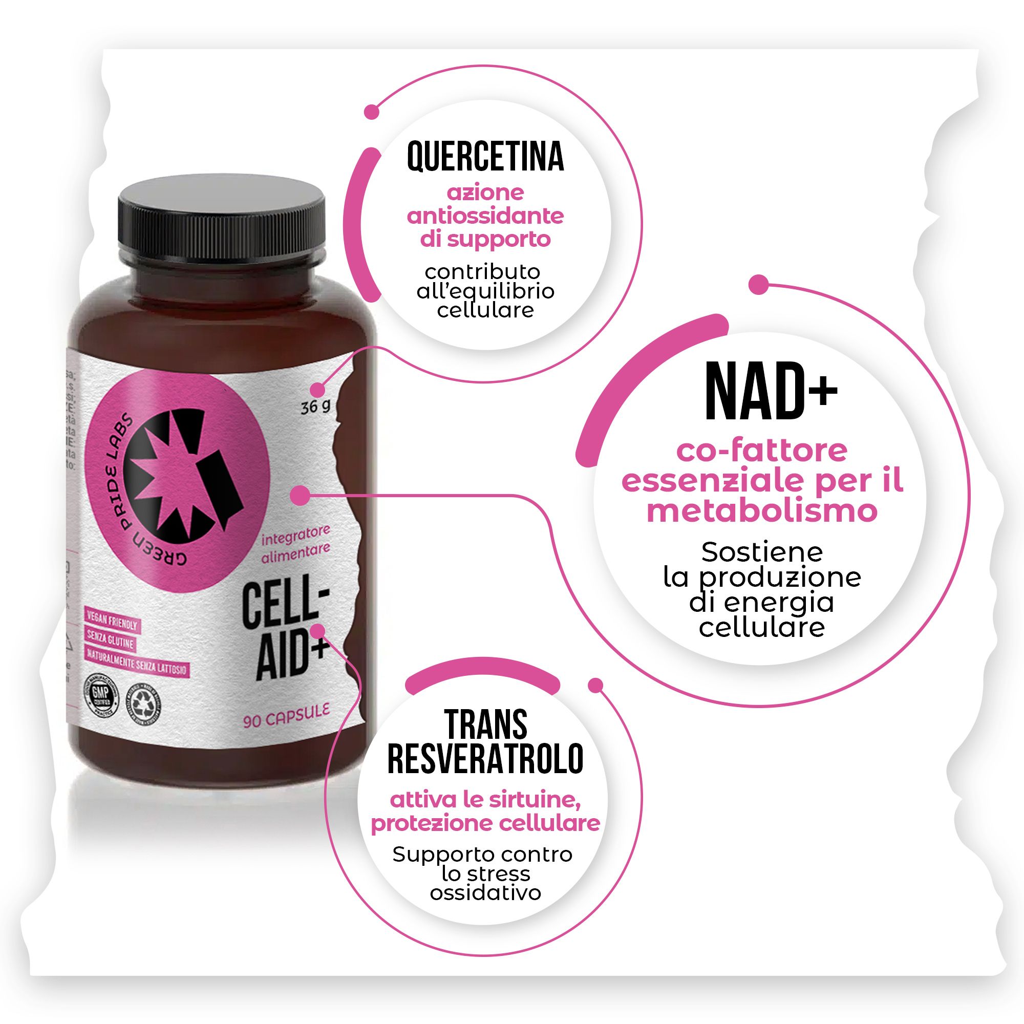 Flacone 'CELL-AID+' accanto a cerchi che descrivono quercetina, NAD+ e transresveratrolo come ingredienti.
