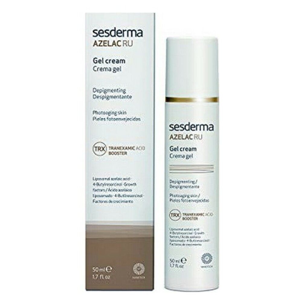 Sesderma Azelac RU Gel Cream. Tubo e scatola bianchi. Testo: Gel Cream, Depigmenting, Photoaging skin. 50 ml.