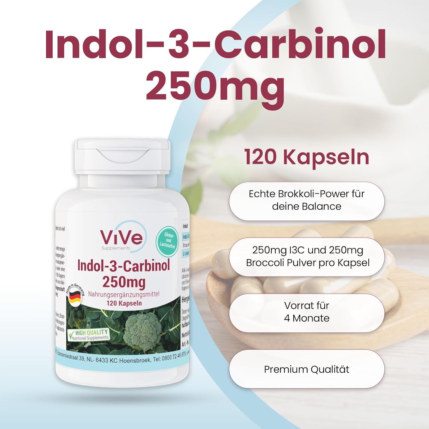 ViVe Indol-3-Carbinol, 250mg, 120 capsule. Flacone bianco, etichetta con informazioni, capsule su cucchiaio.